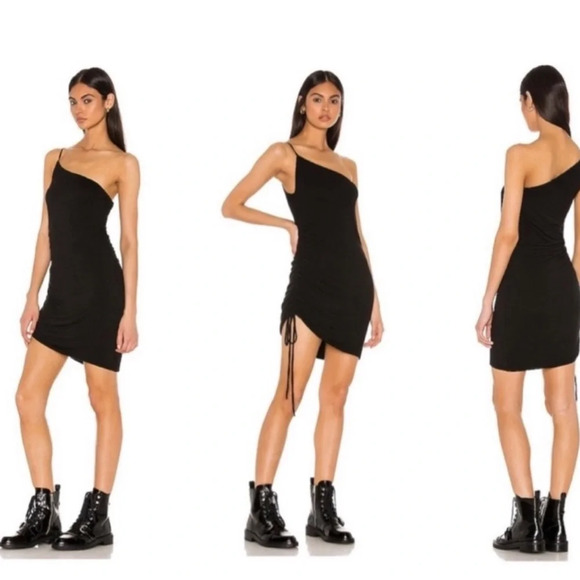 Michael Lauren Darren Black One Shoulder Tank Dress Drawstring Side Size Medium - Picture 1 of 12